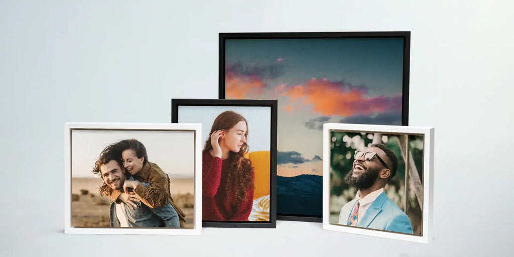 Collection of framed photographs showing people and a sunset landscape.