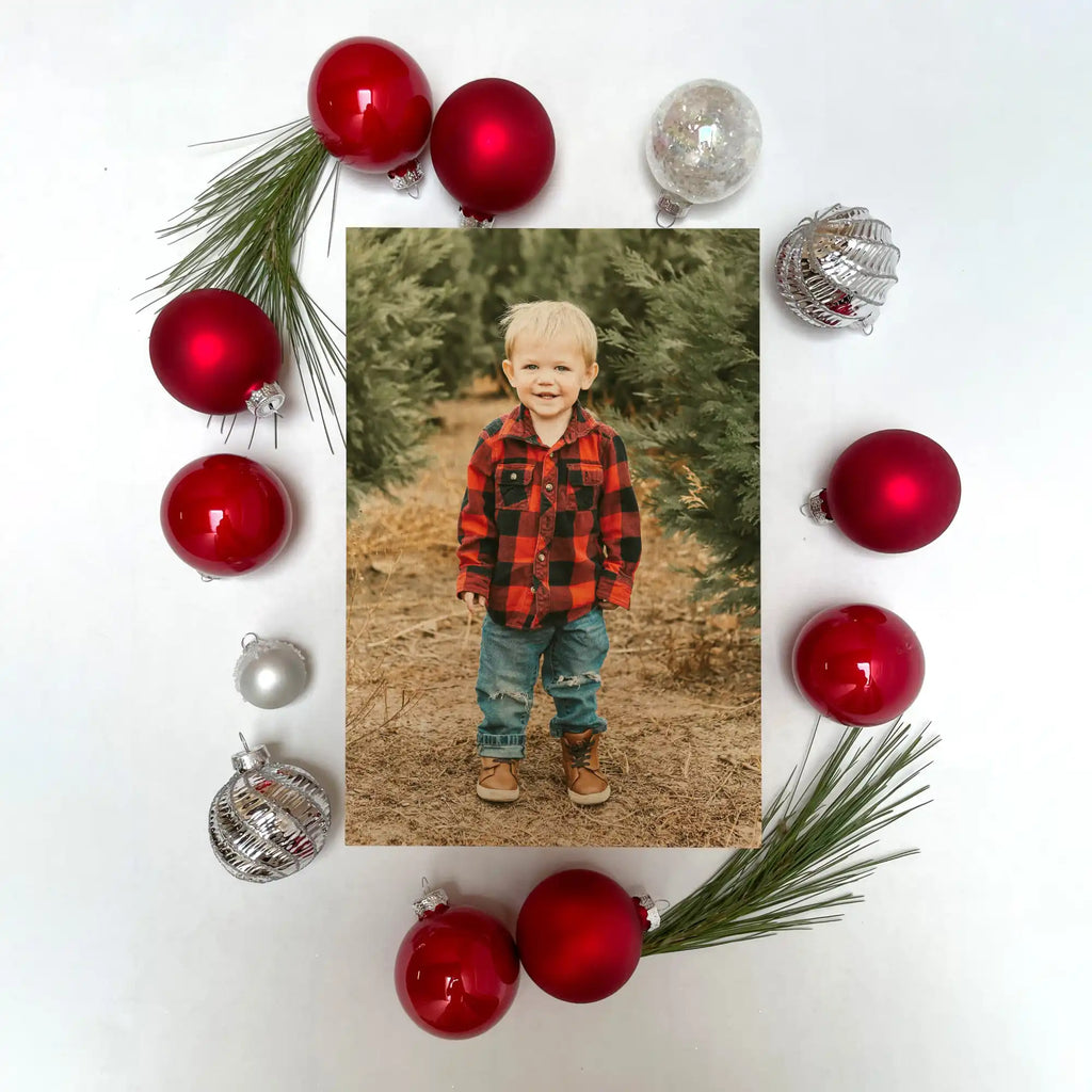 Red and silver christmas ornament set with pine branches.