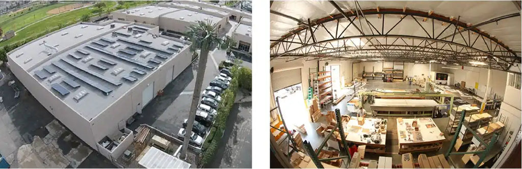 Two-panel photo showing an aerial view of a building exterior and an interior workspace with desks and equipment.