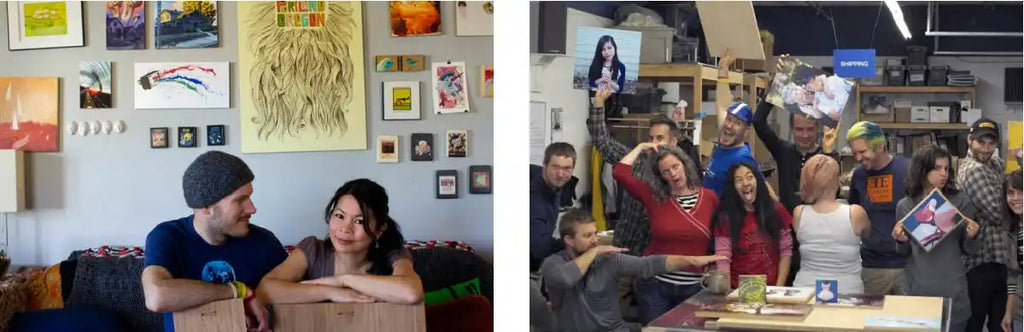 Two side-by-side photos showing people in casual indoor settings.