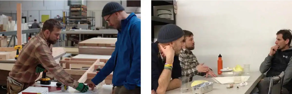 Two side-by-side photos showing people working together at tables.