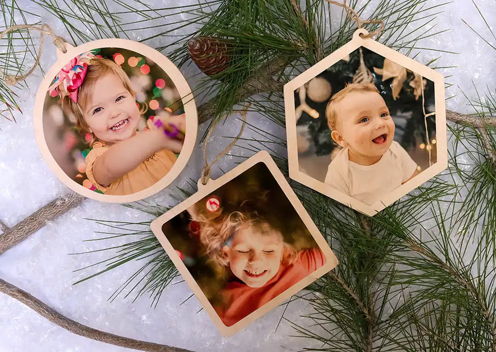 Wooden photo ornaments with colorful images